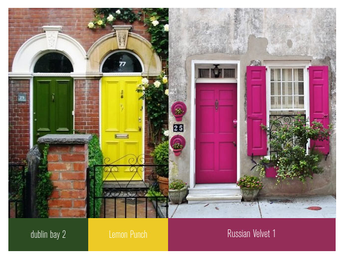 front doors purple yellow green